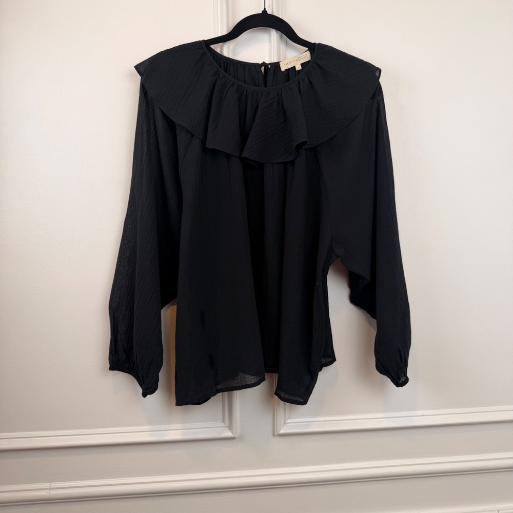 Hansel from Basel Black Gauze Ruffle Collar Blouse Top Size 1